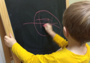 Dziecko rysuje kredą po tablicy.